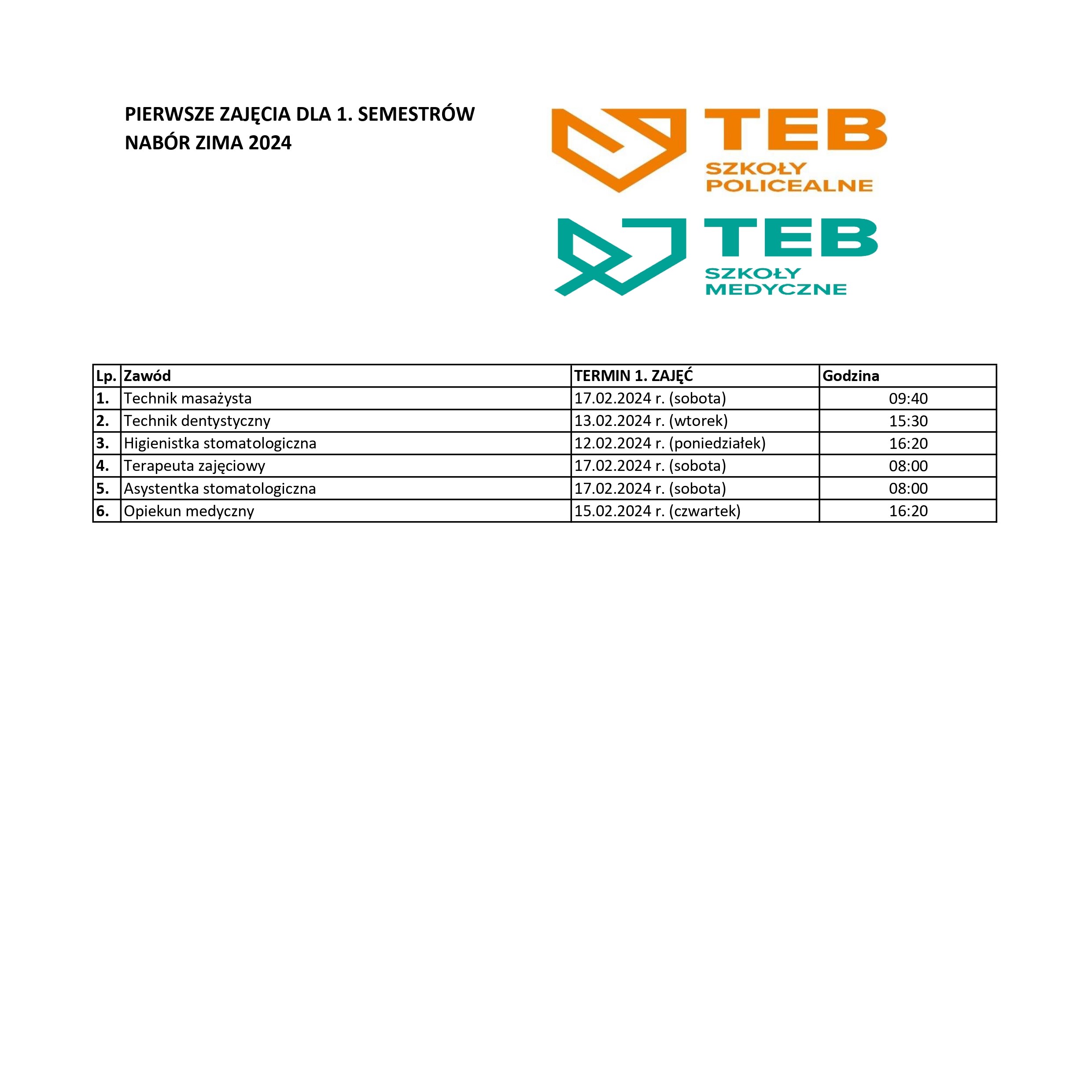 Terminy pierwszych zajęć – I semestr