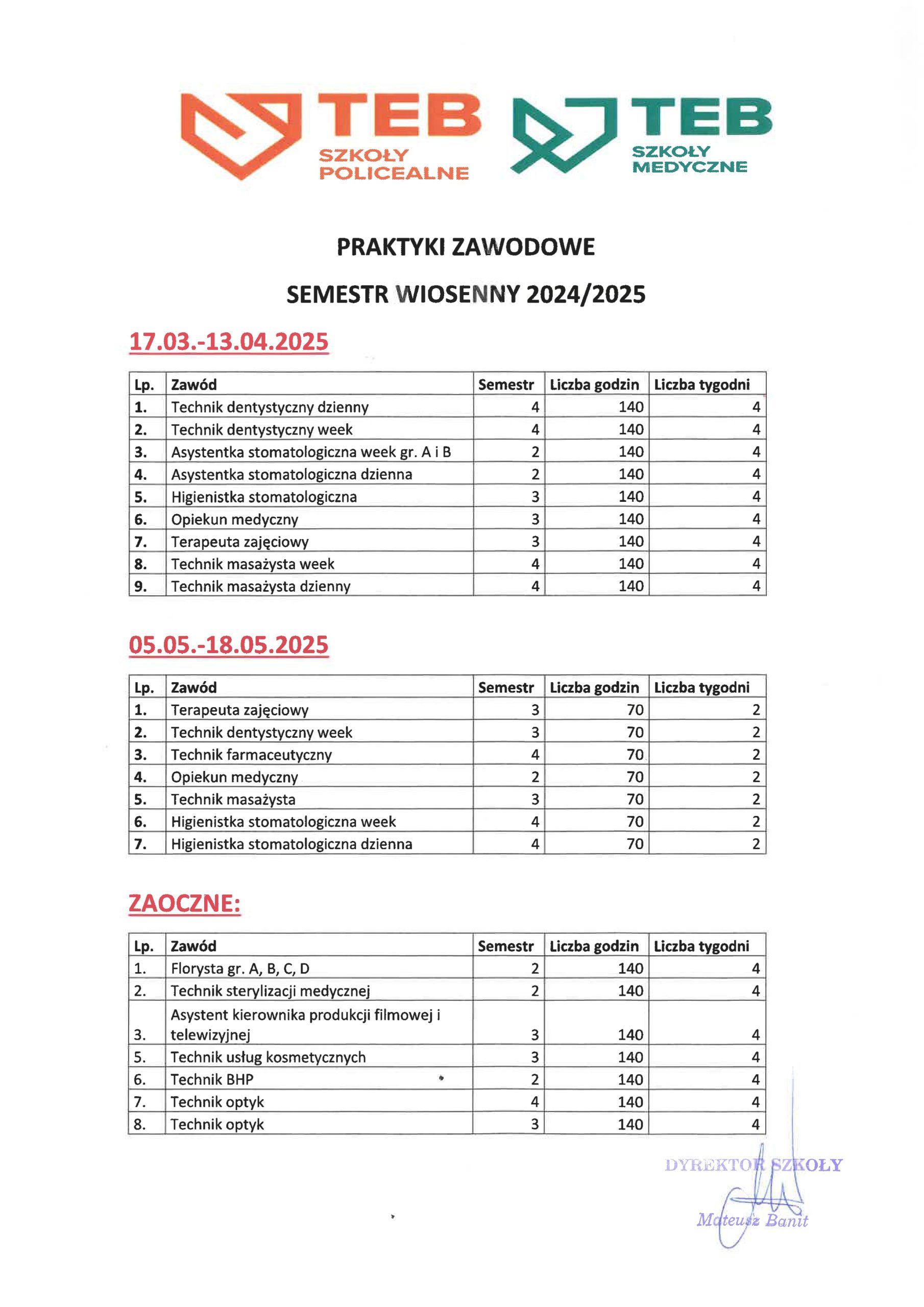 📢 Harmonogram Praktyk na Semestr Wiosenny 2024